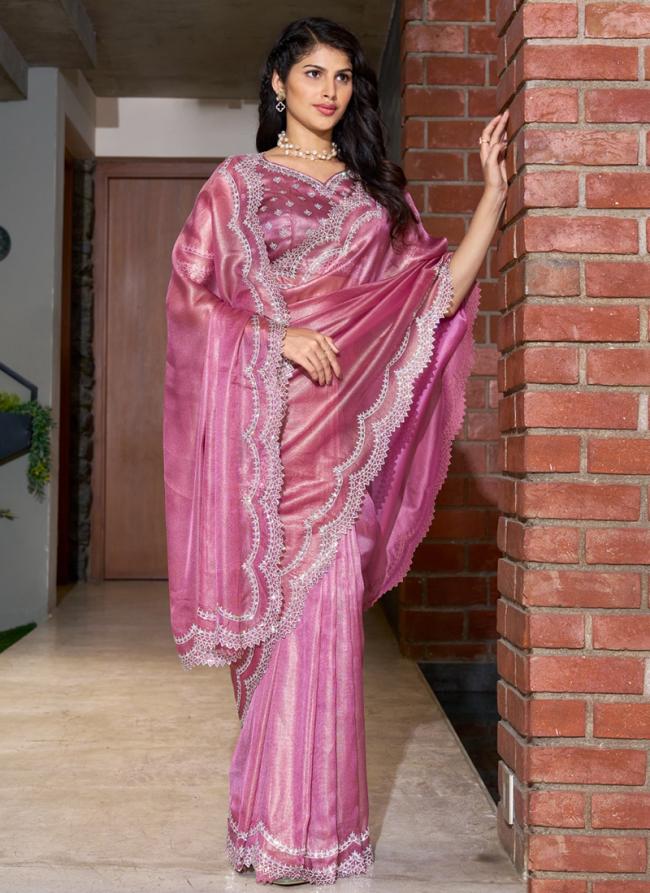 Soft Organza Pink Wedding Wear Hand Work Saree